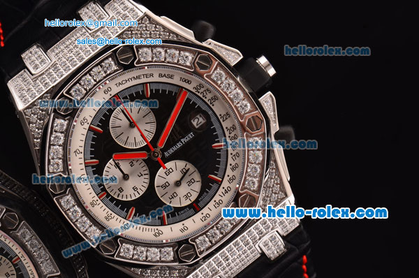 Audemars Piguet Royal Oak Offshore Chronograph Miyota OS10 Quartz Steel Case with Diamond Bezel Black Leather Strap and Black Dial - Click Image to Close